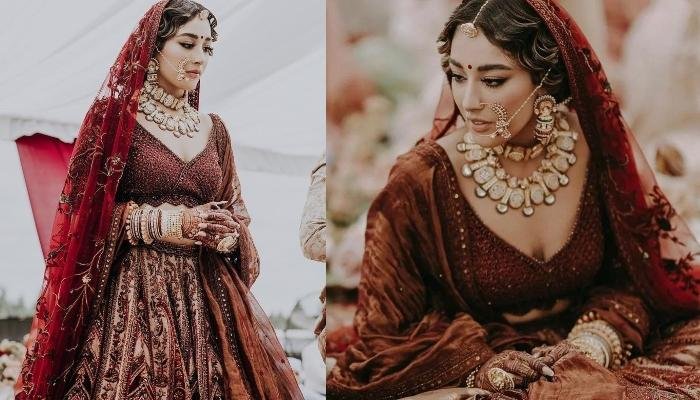 Sikh Bride Donned A Unique Maroon-Coloured Lehenga, Styled It With Vintage Wavy Hairdo For Wedding