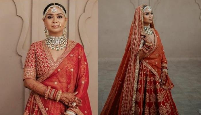 Sabyasachi Bride Exudes Royal Vibes In A Red Lehenga, Pairs It With A Customised Veil