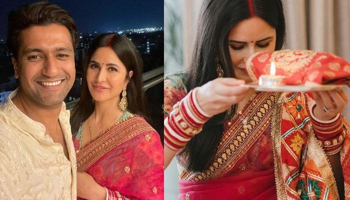 Katrina Kaif Stuns In A Pink Saree And ‘Chooda’ For First Karwa Chauth, Poses With Vicky Kaushal