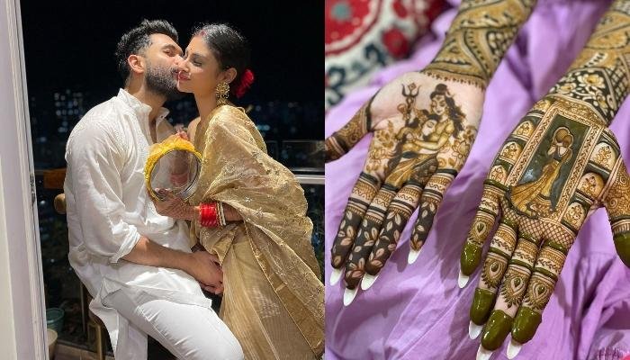 Mouni Roy Wore A Golden-Hued Saree For Her First Karwa Chauth, Gets A Kiss From Hubby, Suraj