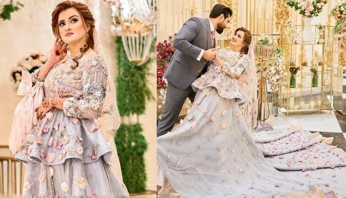 Muslim Bride Wore 3-D Flower Tulle Gown With A Long Trail For Her