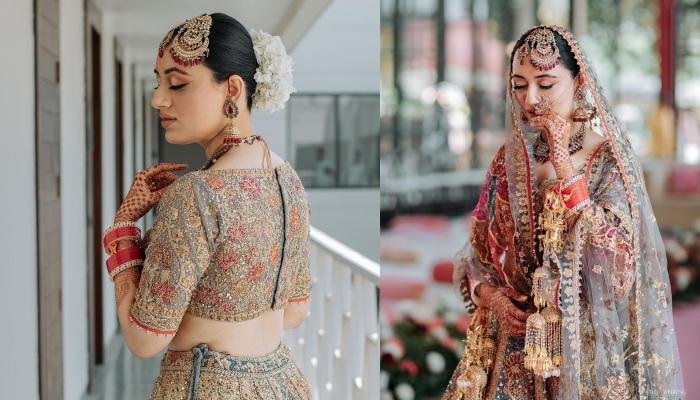 Bride Dazzled In A Floral Grey Lehenga At Her Anand Karaj, Paired It With Ruby Embedded Jewellery