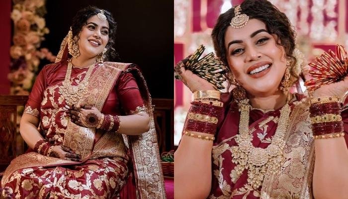 Shamna Kasim Dons A Maroon And Gold Silk Saree On Baby Shower, Her Pregnancy Glow Is Unmissable