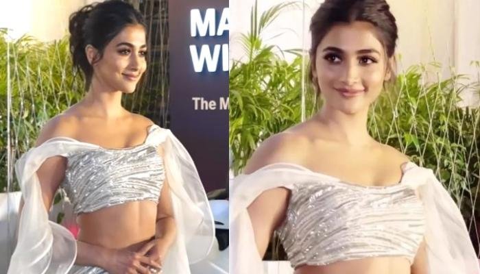 Pooja Hegde Looks Sexy As She Raises Glam Quotient In A Sequin Bralette And Thigh-High Slit Skirt