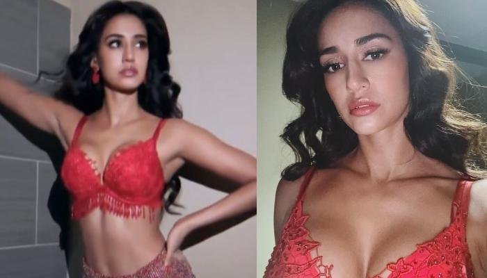 Disha Patani Looks Sexy In A Shimmery Red Bralette And Thigh High Slit Skirt, Flaunts Her Curves