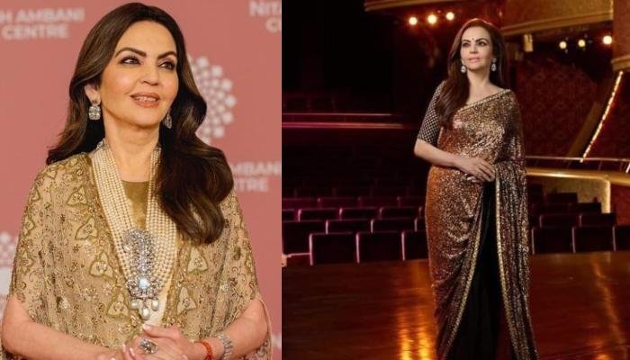 Nita Ambani Promotes Sustainable Fashion By Repeating Her Sabyasachi Gold Sequined Saree At NMACC