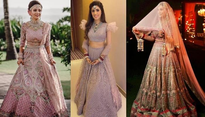 20 Brides Who Stunned In Pastel Salmon Pink To Beige Golden Falguni Shane Peacock Lehenga ‘Cholis’