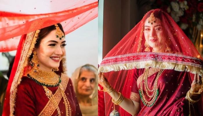 Pakistani Bride Radiated Indian Vibes In A Maroonish Red-Hued Saree Paired With Golden Jewellery