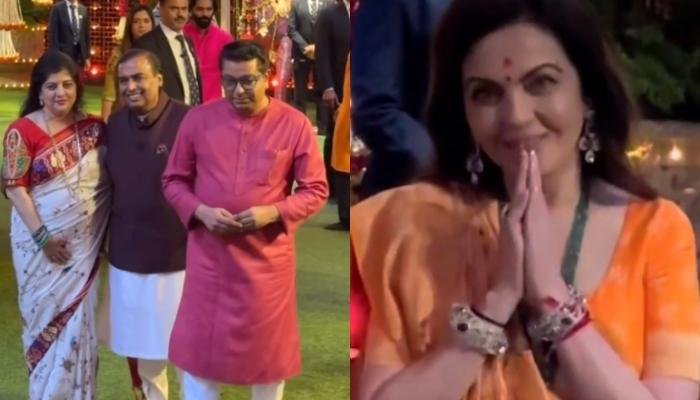 Nita Ambani Dons An Orange Saree With Huge Diamond And Emerald-Encrusted ‘Kadas’ For Ganpati Puja